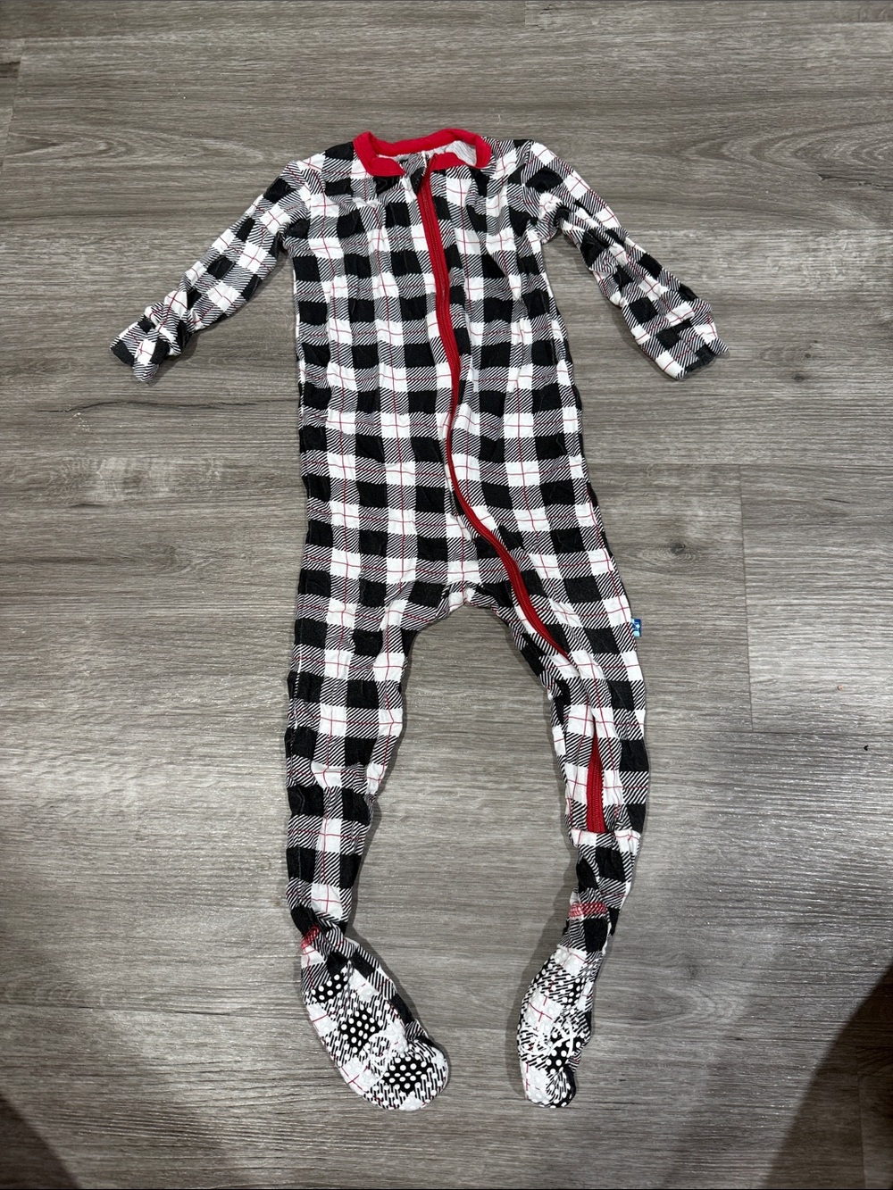 Kickee Pants Black & White Plaid Footed One-Piece with Red Trim